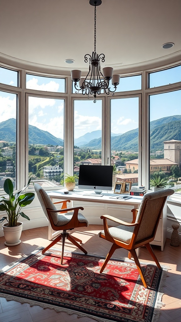 Bright home office with mountain views and elegant decor