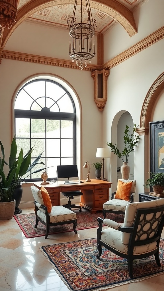 A beautifully designed home office featuring sculptural elements inspired by Spanish architecture.