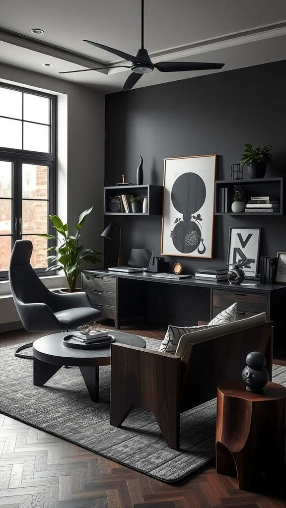 A modern masculine home office featuring sculptural furniture pieces, a dark aesthetic, and stylish decor.