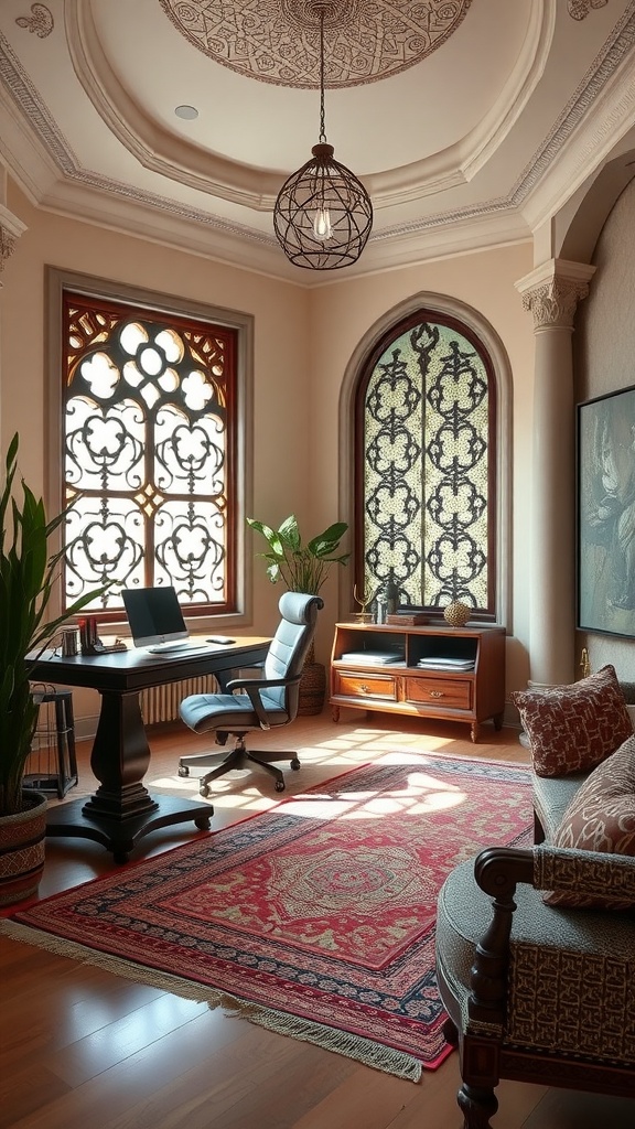 A beautifully designed home office featuring intricate mashrabiya windows, modern furnishings, and warm decor.