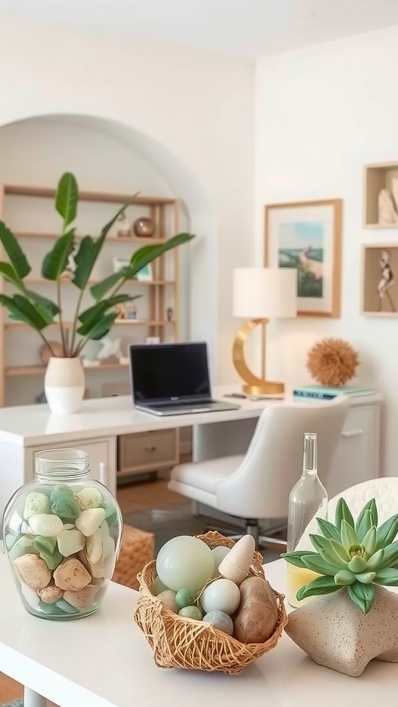 An arrangement of sea glass, natural materials, and seashells by the beach