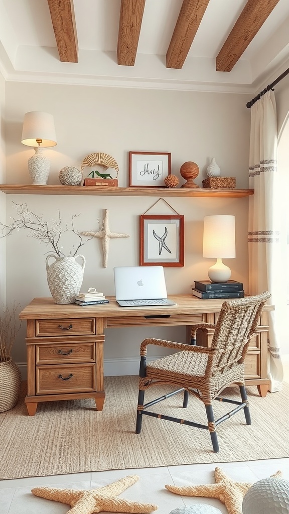 A bright bathroom featuring light colors, seashell accents, and natural materials representing coastal Mediterranean decor.