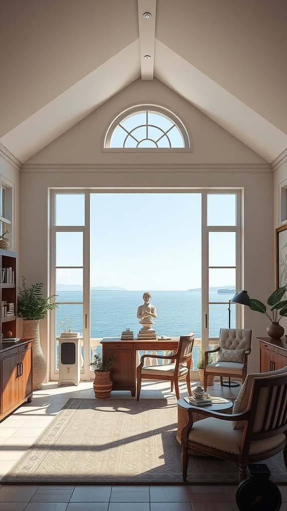 A spacious home office with a view of the sea, featuring large windows, wooden furniture, and a bust sculpture.