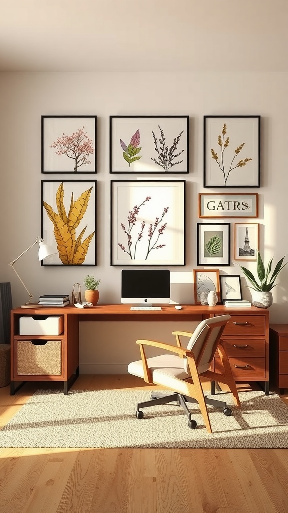 A cozy home office with seasonal artwork, featuring soft spring aesthetic prints of leaves and flowers on the wall.