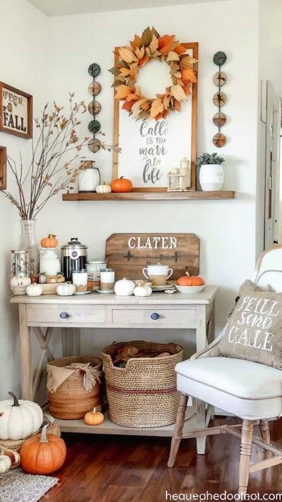 A cozy home office coffee corner decorated for fall with pumpkins and flowers.