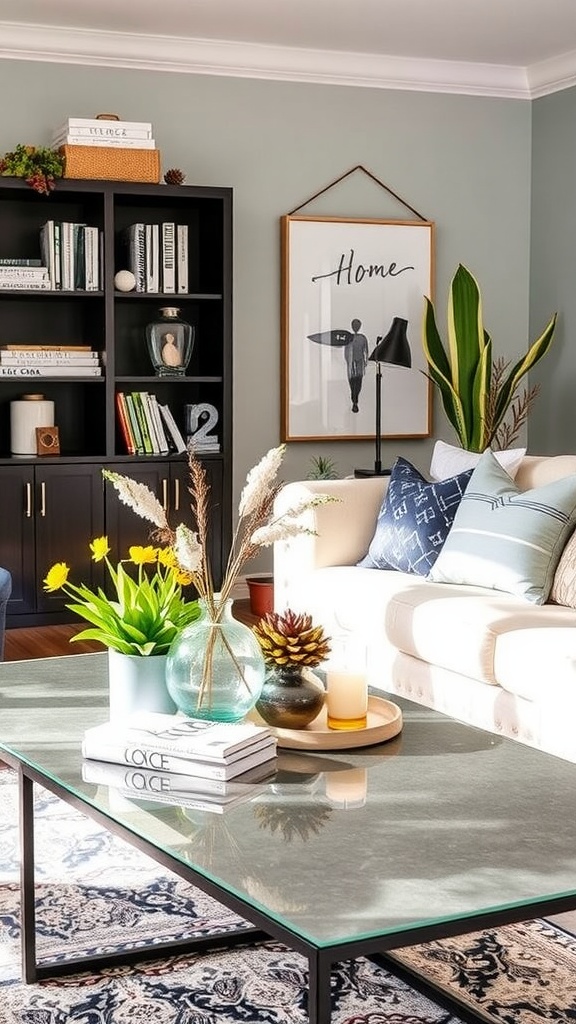 Stylish coffee table with flowers and decorative items in a cozy living room setting.