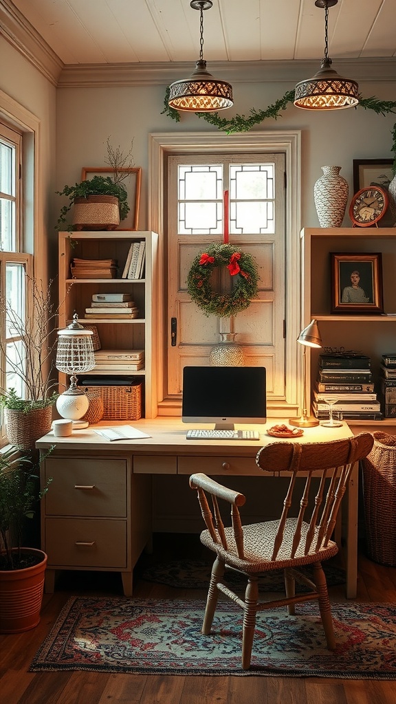 Cozy English cottage home office with seasonal decorations and warm lighting