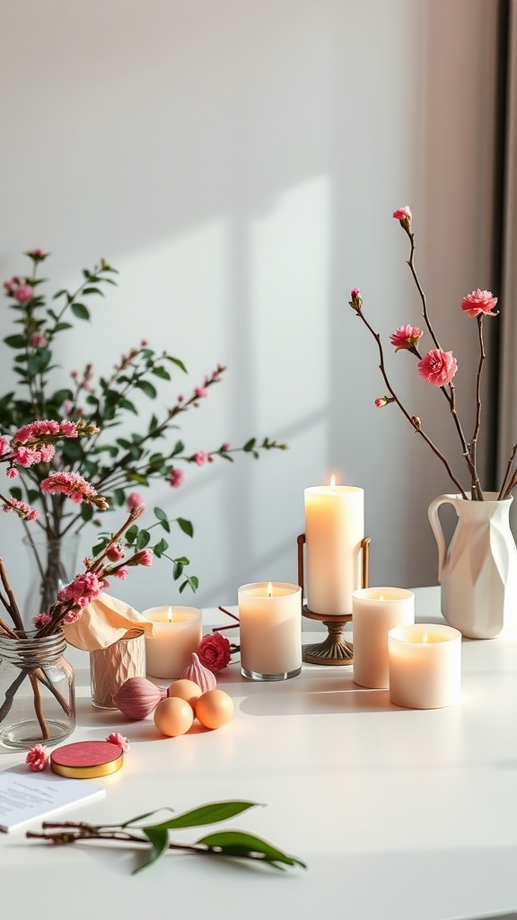 A collection of white candles surrounded by flowers and natural elements on a bright table.