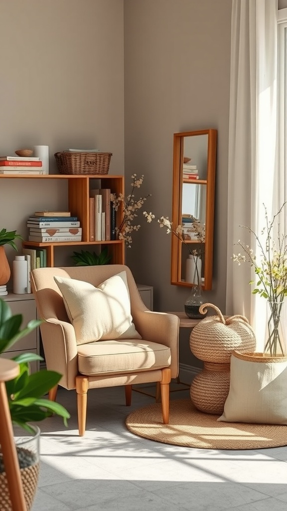A cozy home office corner with a chair, throw pillows, and decorative elements