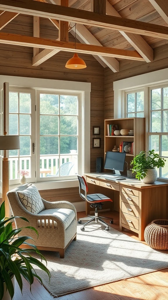 Cozy home office with large windows, wooden desk, and comfortable chair in English cottage style.
