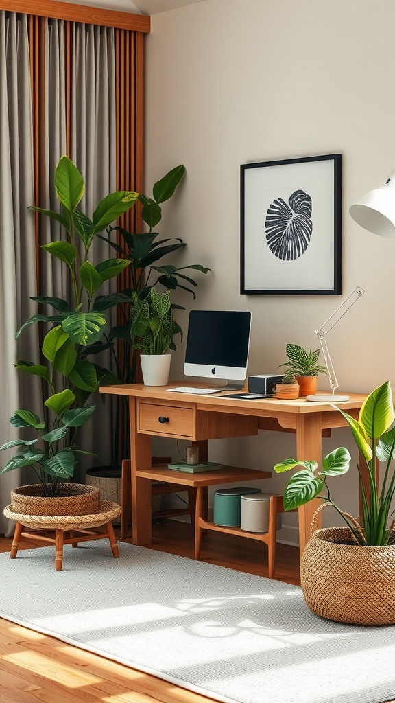 A serene home office corner featuring a wooden desk, computer, indoor plants, and framed artwork.