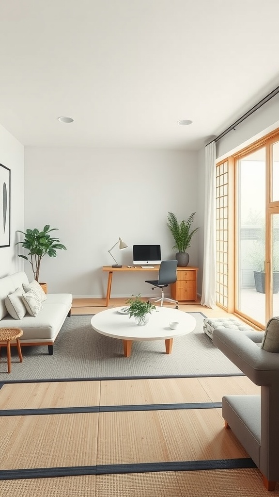A serene Japanese minimalist living room with a home office setup, featuring natural light, wooden furniture, and plants.