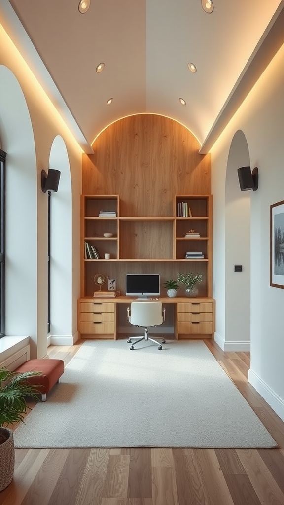 A serene home office space with wooden shelves, soft lighting, and a minimalist design, featuring a desk and plants.