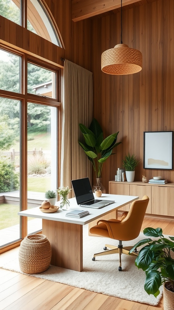 A serene, nature-inspired home office with large windows, wooden finishes, and plants.