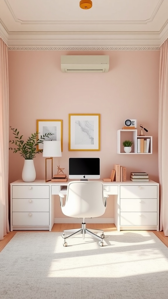 A modern home office featuring pastel pink walls, white furniture, and elegant decor.