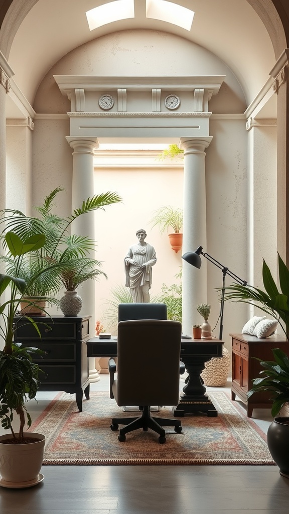 A serene home office featuring Roman architecture elements with tall columns, a statue, and plants