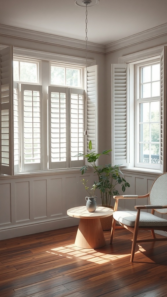 Interior view of a room with shuttered windows, wooden flooring, and a cozy chair.