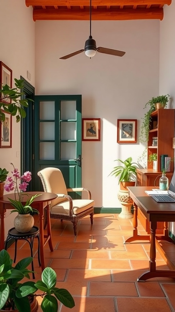 A warm Sicilian-inspired home office with plants, wooden beams, and a cozy chair.