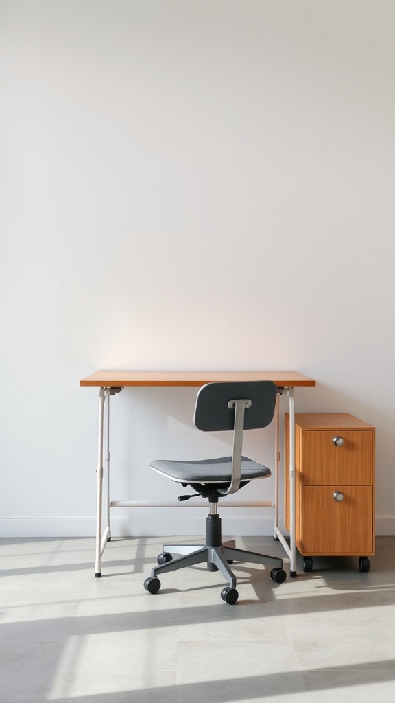 A minimalist office setup featuring a simple desk and chair with a storage unit.