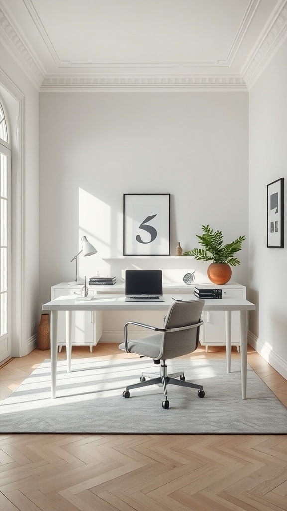 A minimalist home office featuring Roman architectural elements, including columns and a statue.