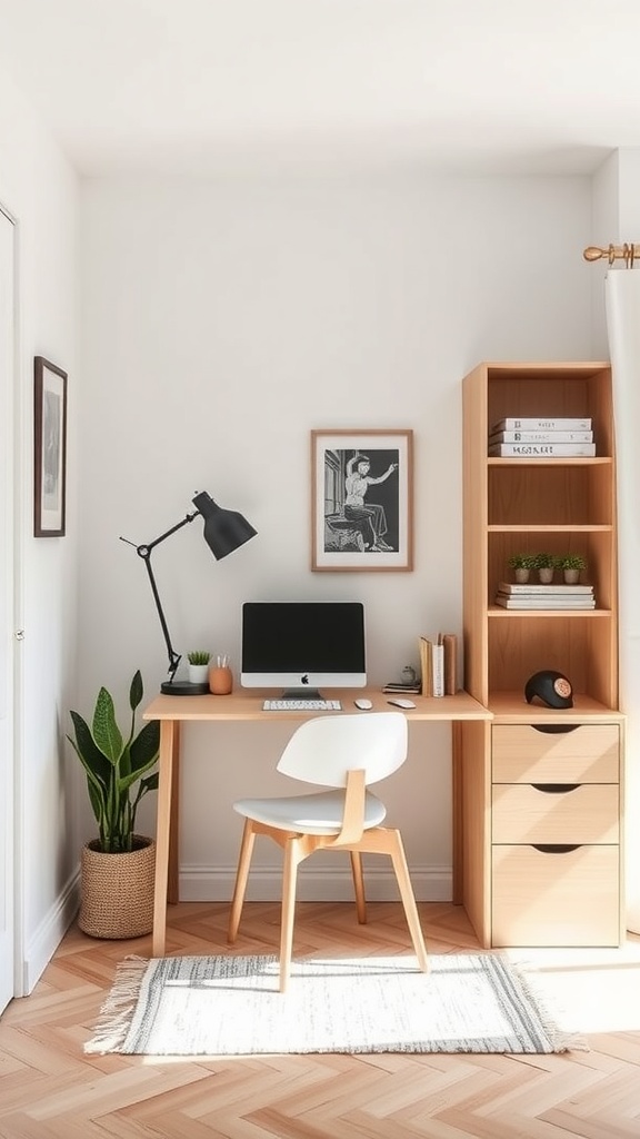 A sleek home office featuring a wooden desk, a white chair, a computer, and a plant, all set against a light wall.