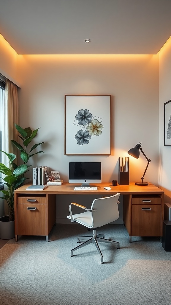 A sleek home office desk with hidden storage, surrounded by plants and soft lighting.