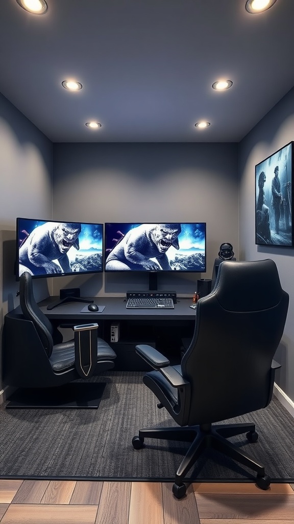 A modern gaming nook featuring dual monitors, a stylish desk, and comfortable seating.