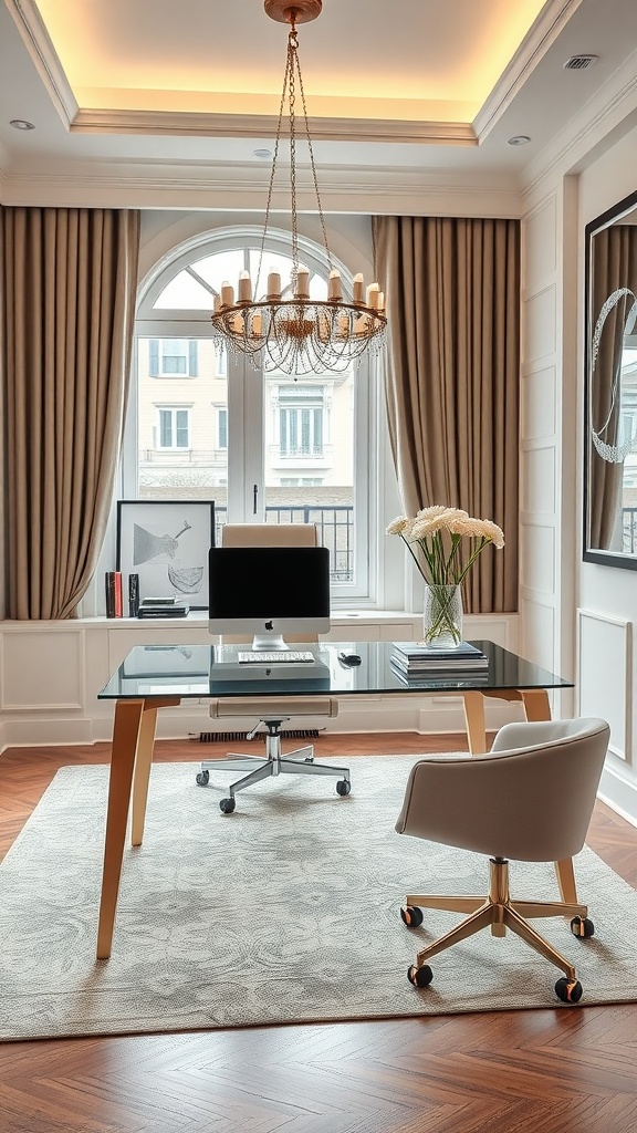 A modern glass desk with a stylish chair, surrounded by elegant decor in a feminine office space.