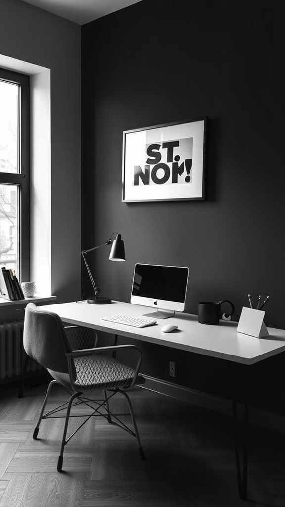 A sleek and minimalistic home office with dark walls, modern desk, and stylish decor.
