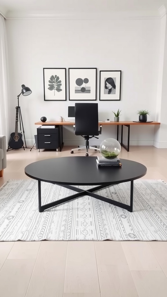 Sleek modern black coffee table in a stylish home office setting