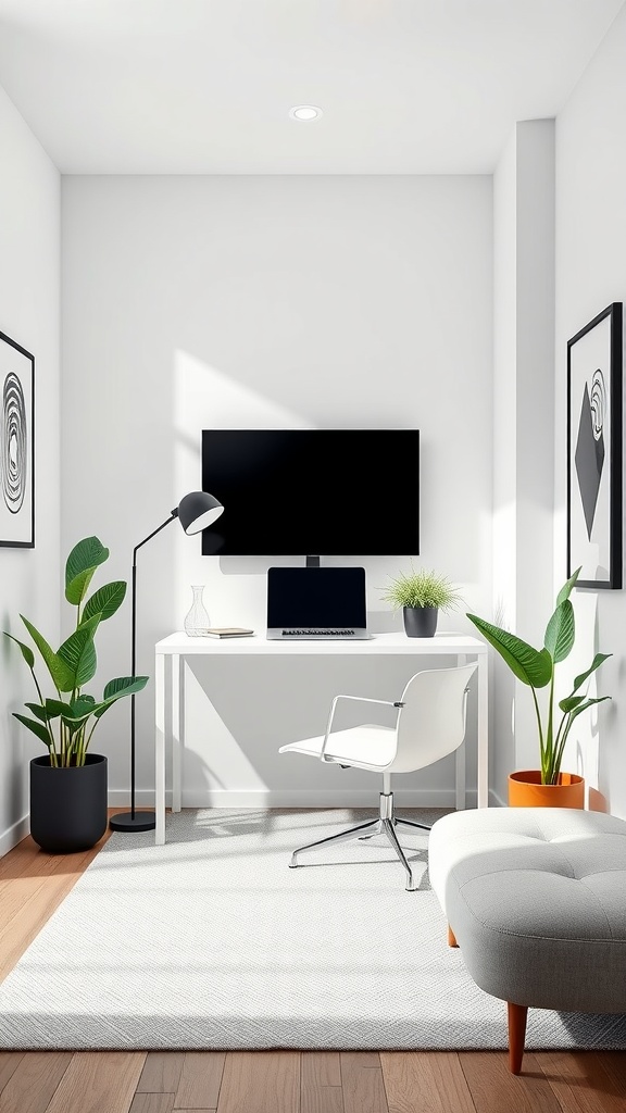 A modern minimalist office with sleek lines, large windows, and simple decor