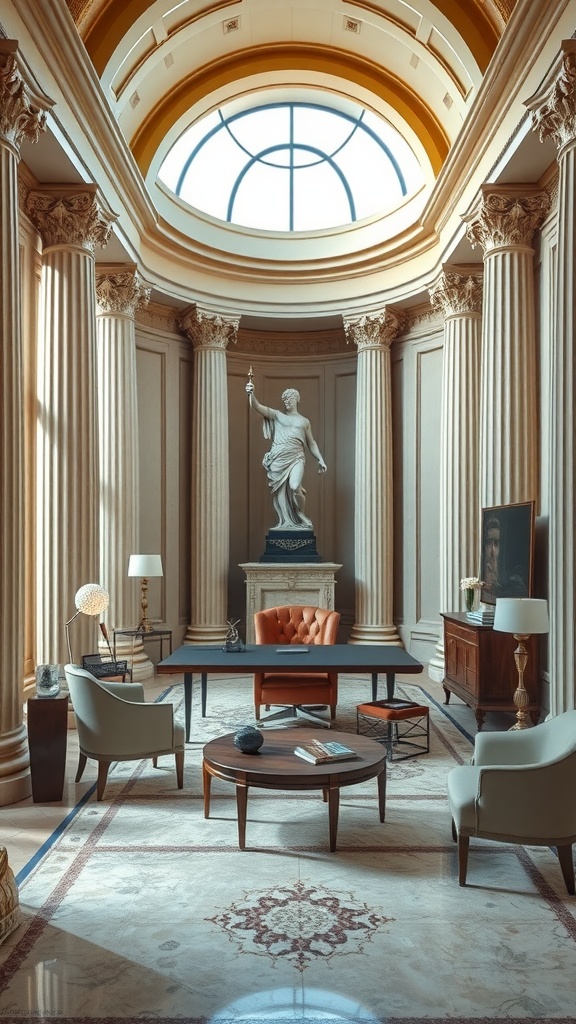 A modern home office featuring Roman architectural elements, including columns and a statue, with stylish furniture.