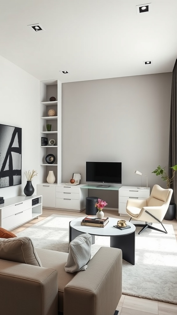 A sleek modern office space with a glass desk, orange chairs, and a city view.