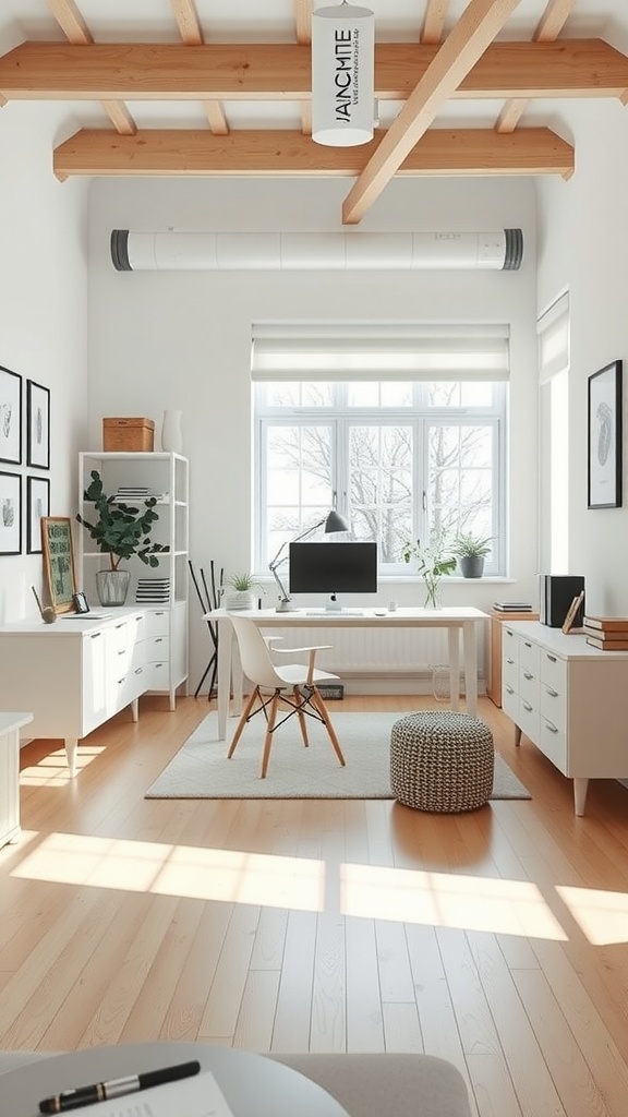 A modern Scandinavian style home office with wooden beams, a large window, and white furniture.