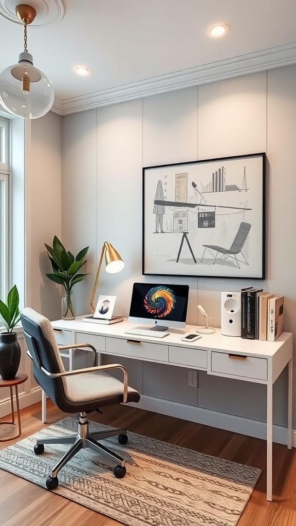 A sleek Scandinavian small office design featuring a modern desk, chair, and open shelving with books and plants.