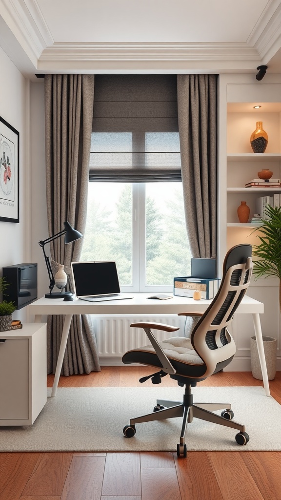 A sleek home office setup featuring a modern desk, ergonomic chair, and natural light from a large window.