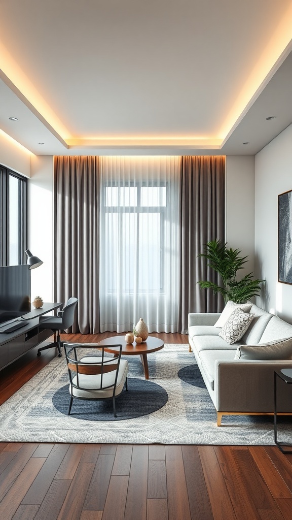 A sleek, modern living room with a cozy atmosphere, featuring a minimalist design, large windows, stylish furniture, and a functional home office setup.