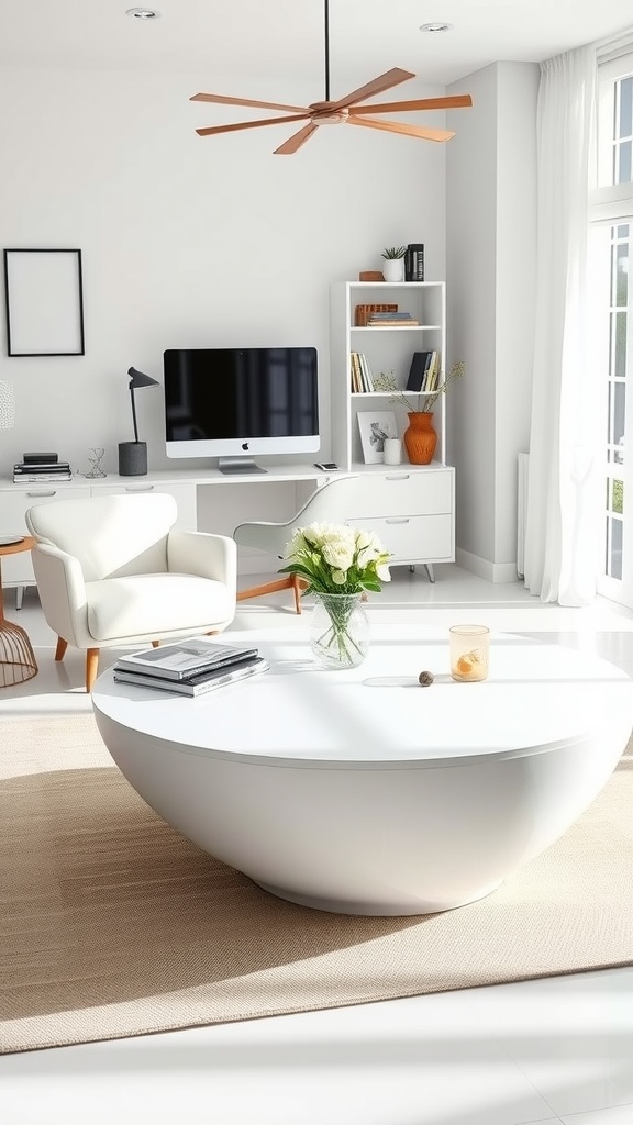 A sleek white gloss coffee table in a modern home office setting with a round shape and stylish decor.
