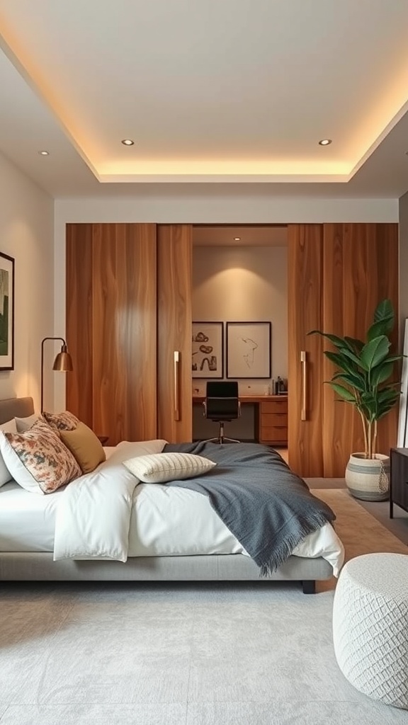 A cozy bedroom featuring a sliding door that separates a home office space, showcasing a modern design with warm tones.