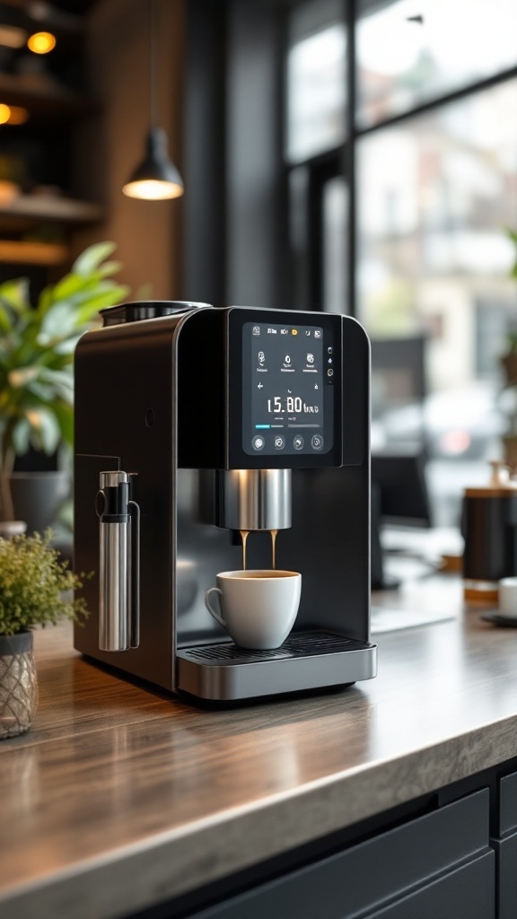 A modern coffee machine on a wooden table, showcasing a cozy coffee corner with a digital display and coffee cups.