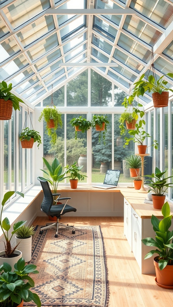 A bright, inviting smart greenhouse sunroom with plants, a workspace, and large glass panels.