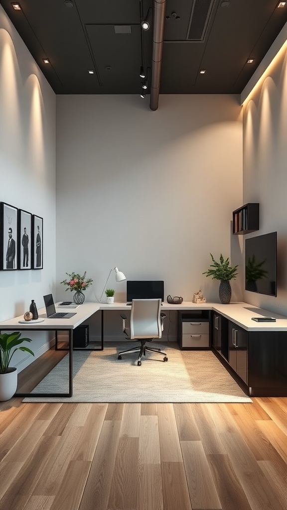 A modern home office featuring a minimalist design with sleek furniture, tech gadgets, and plants.