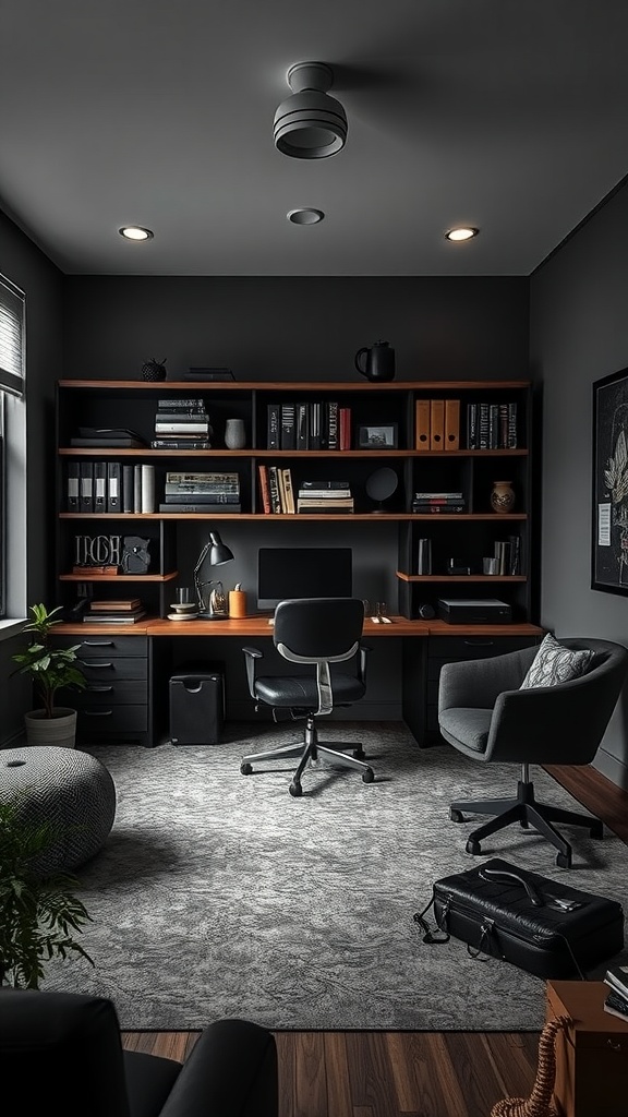 A modern, moody home office featuring a dark color palette, organized shelves, and stylish furniture, perfect for a masculine office design.