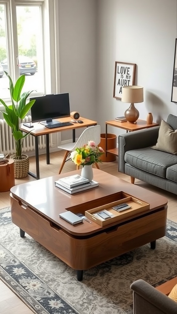 Modern living room with a smart storage coffee table, featuring a workspace and cozy seating area.