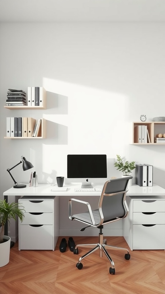 A modern minimalist office featuring a desk, chair, computer, and smart storage solutions.