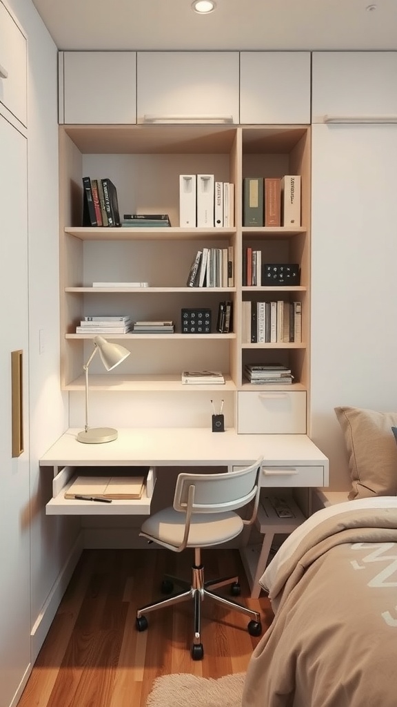 A modern bedroom-office combo featuring a sleek desk, built-in shelves, and a cozy bed, showcasing a minimalist design.
