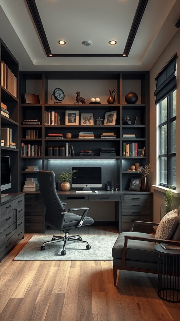 A stylish male home office with built-in bookshelves, a modern desk, and a cozy chair