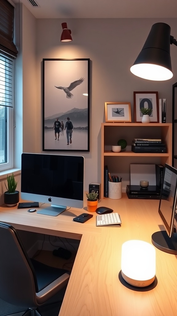 A modern masculine home office with a sleek desk, computer, and stylish shelves.