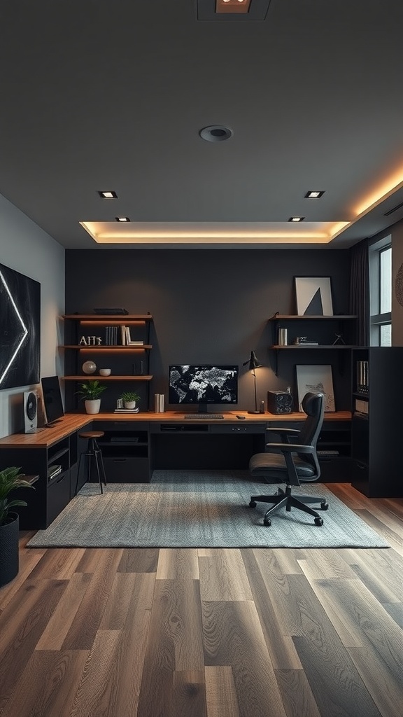 A modern masculine home office featuring dark aesthetics and smart technology integration.