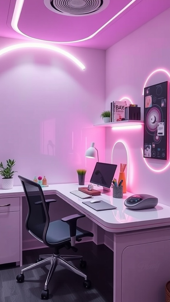 Modern small home office with dual computer setup, smart lighting, and sleek furniture.